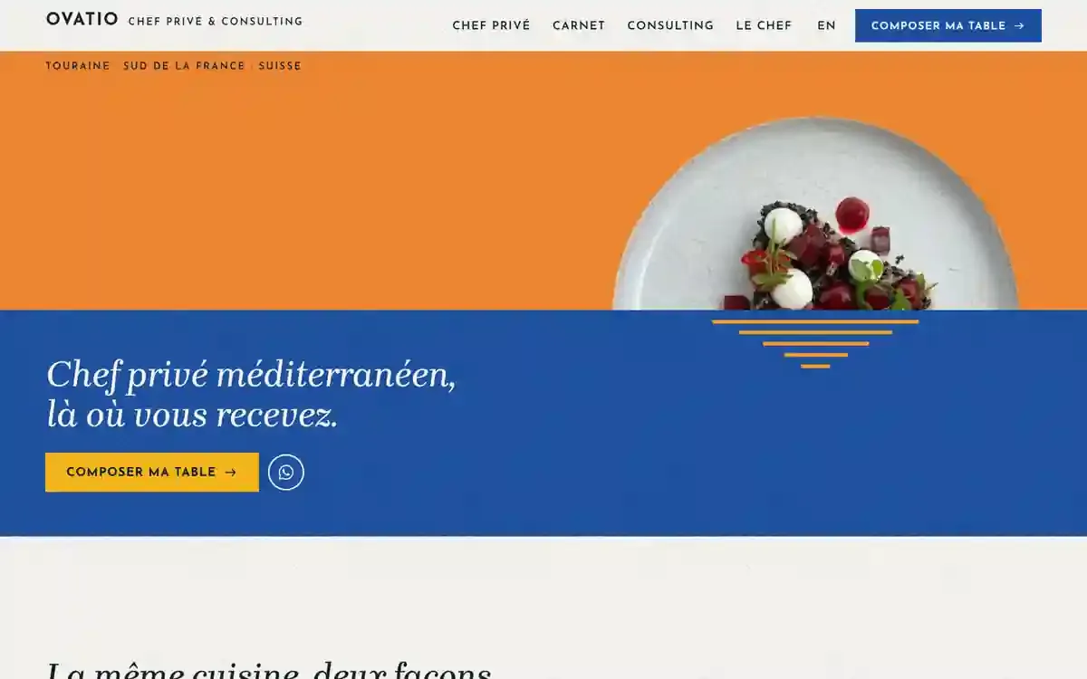Screen recording: the Chef Ovatio home holds on its first screen, OVATIO across a yellow sky above a plate on a cobalt sea, then scrolls: the sky turns orange as the plate sinks into the sea, the header shrinks to a bar, then the line La même cuisine, deux façons de la partager, the Recevoir and Conseiller doors, and the Ce qui arrive à table section with its first plates.