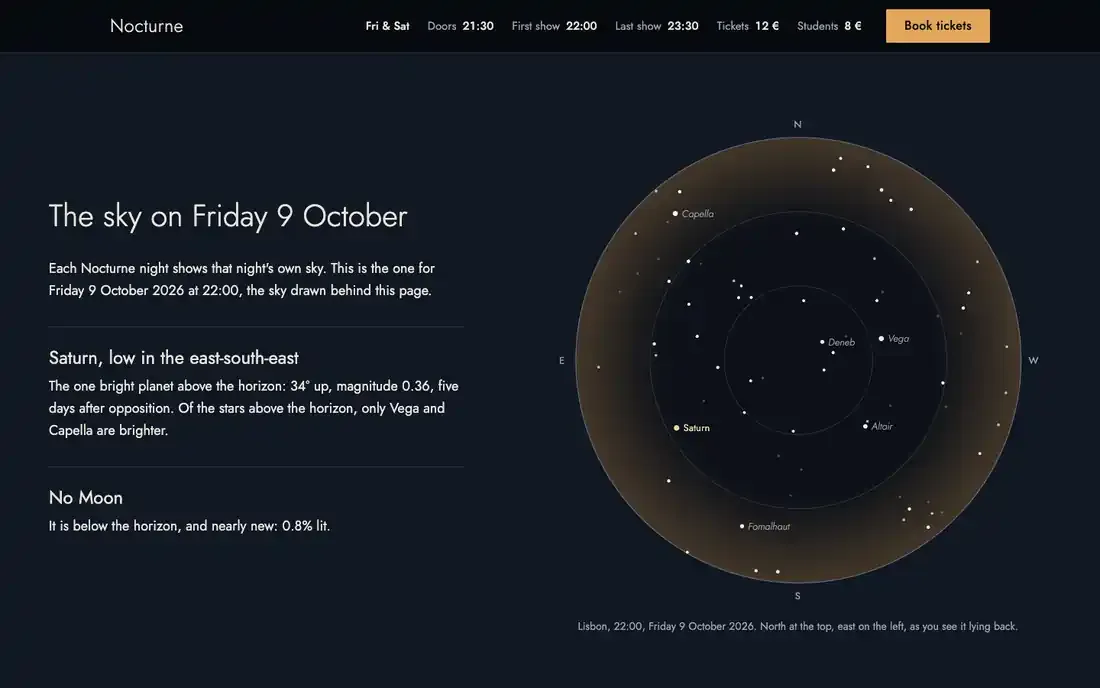 Screen recording: the Nocturne page holds on its first screen, a dome of sky at dusk ringed with amber light, then scrolls through the program, the sky that night and the practical information while the ground darkens and the stars fill the dome.