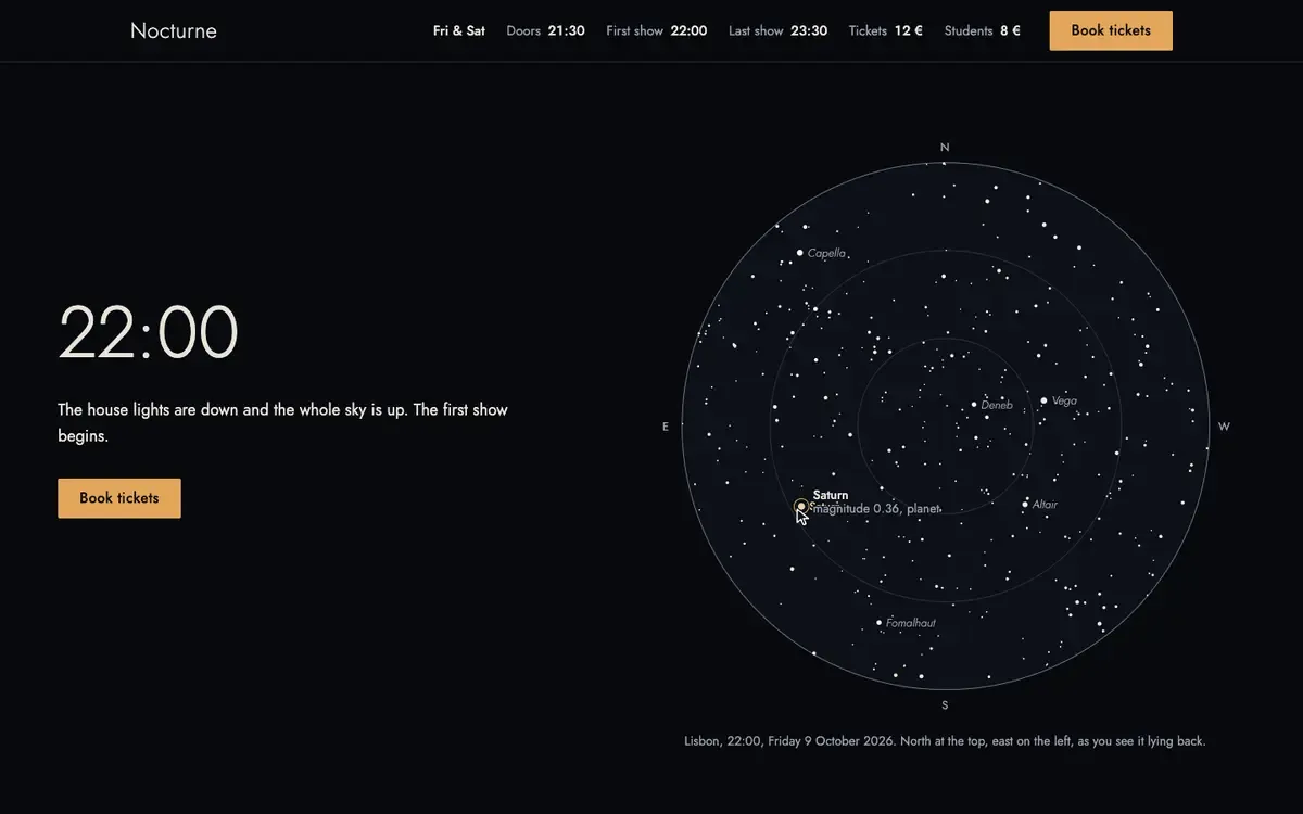 Screen recording: the full night sky on the dome; the pointer comes onto Saturn, then Vega, then Fomalhaut, and each lights up with a ring, its name and its magnitude.